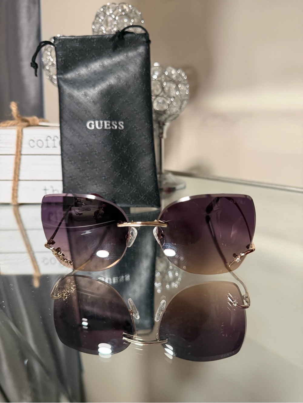 GUESS Women’s Gold-Trim Purple Gradient Rimless Sunglasses
